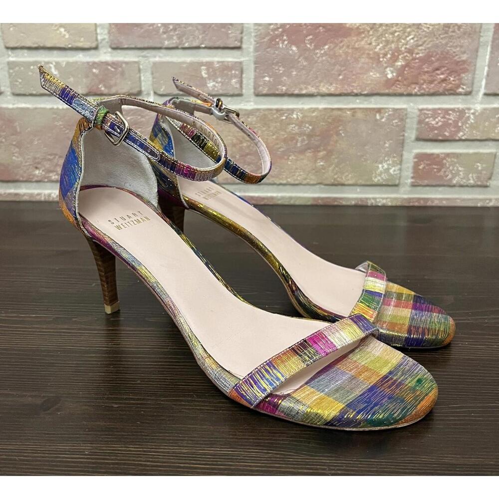 Stuart Weitzman Nunaked Tinsel Silk 3 inch Sandals Heels Size 8.5 Multicolor